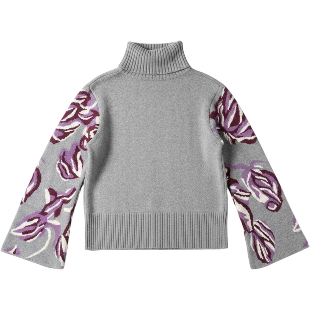 Cabi Turtleneck Sweater Womens L Gray  Floral Bell Sleeve 3704